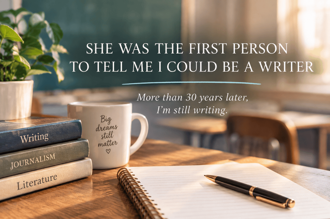AI-generated image of a warmly lit writing desk with books, a notebook, pen, and mug, with text reading "She was the first person to tell me I could be a writer."